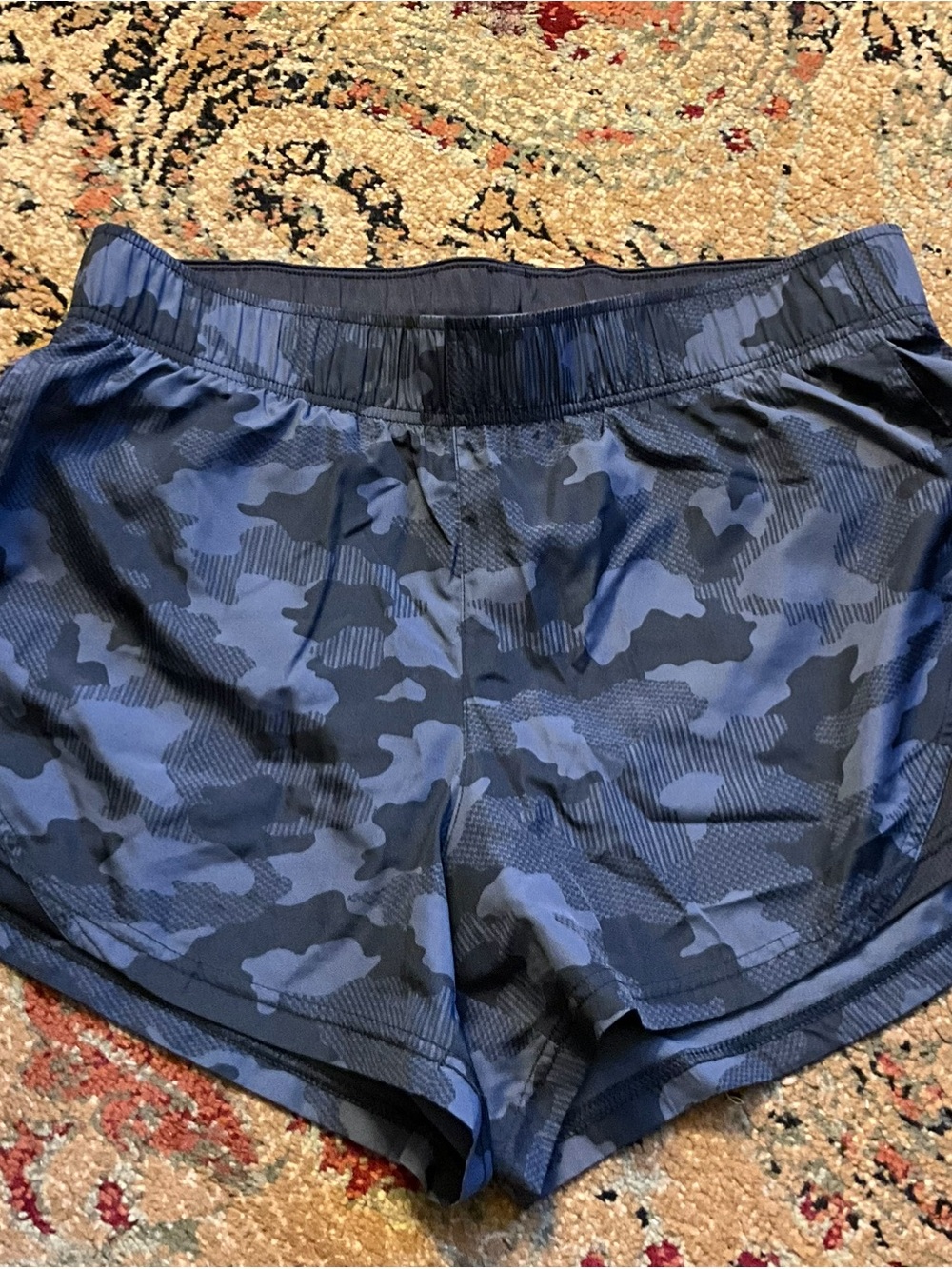 Nike Women's Blue and Black Camo Athletic Shorts